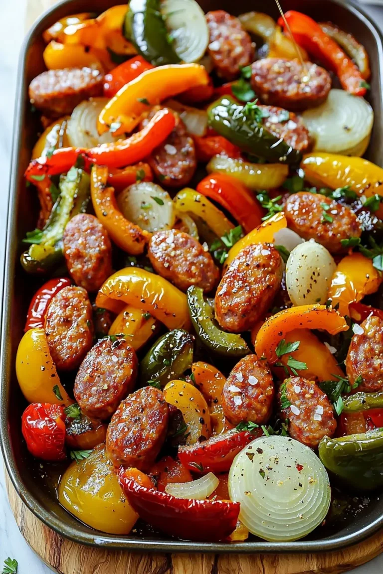 Delicious sheet pan sausage peppers and onions dish ready to serve.