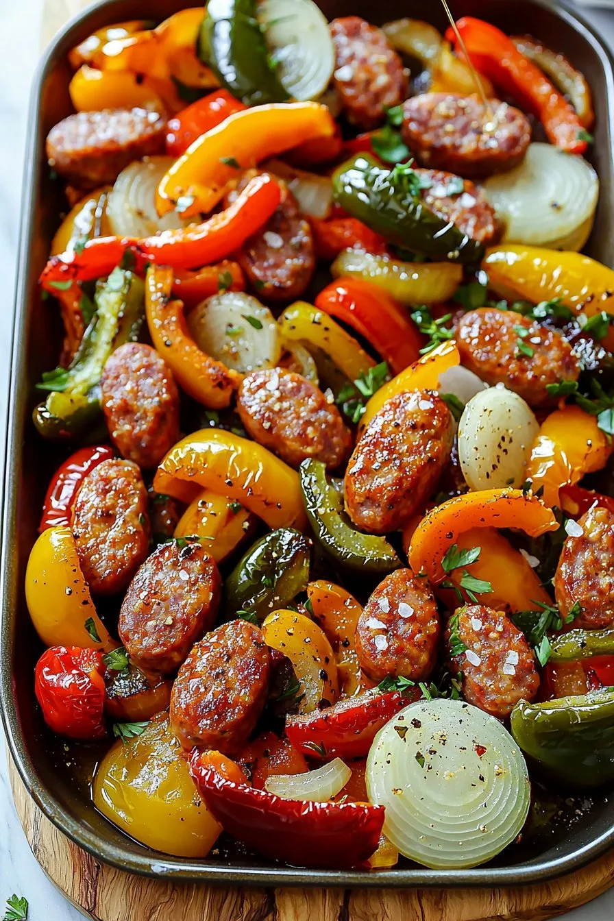 Delicious sheet pan sausage peppers and onions dish ready to serve.