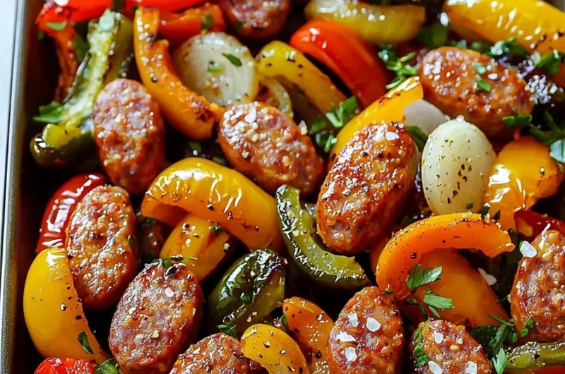 Delicious Sheet Pan Sausage Peppers and Onions cooked in a colorful medley.