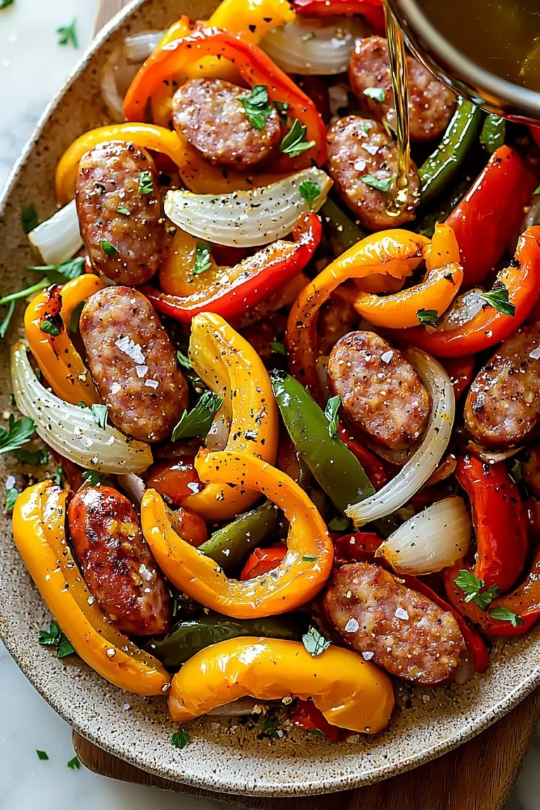 Sheet Pan Sausage Peppers and Onions fresh out of the oven