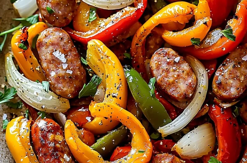 Sheet Pan Sausage Peppers and Onions fresh out of the oven