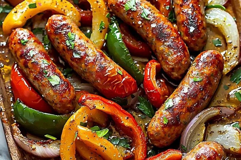 Sheet pan meal featuring sausage, peppers, and onions roasted to perfection