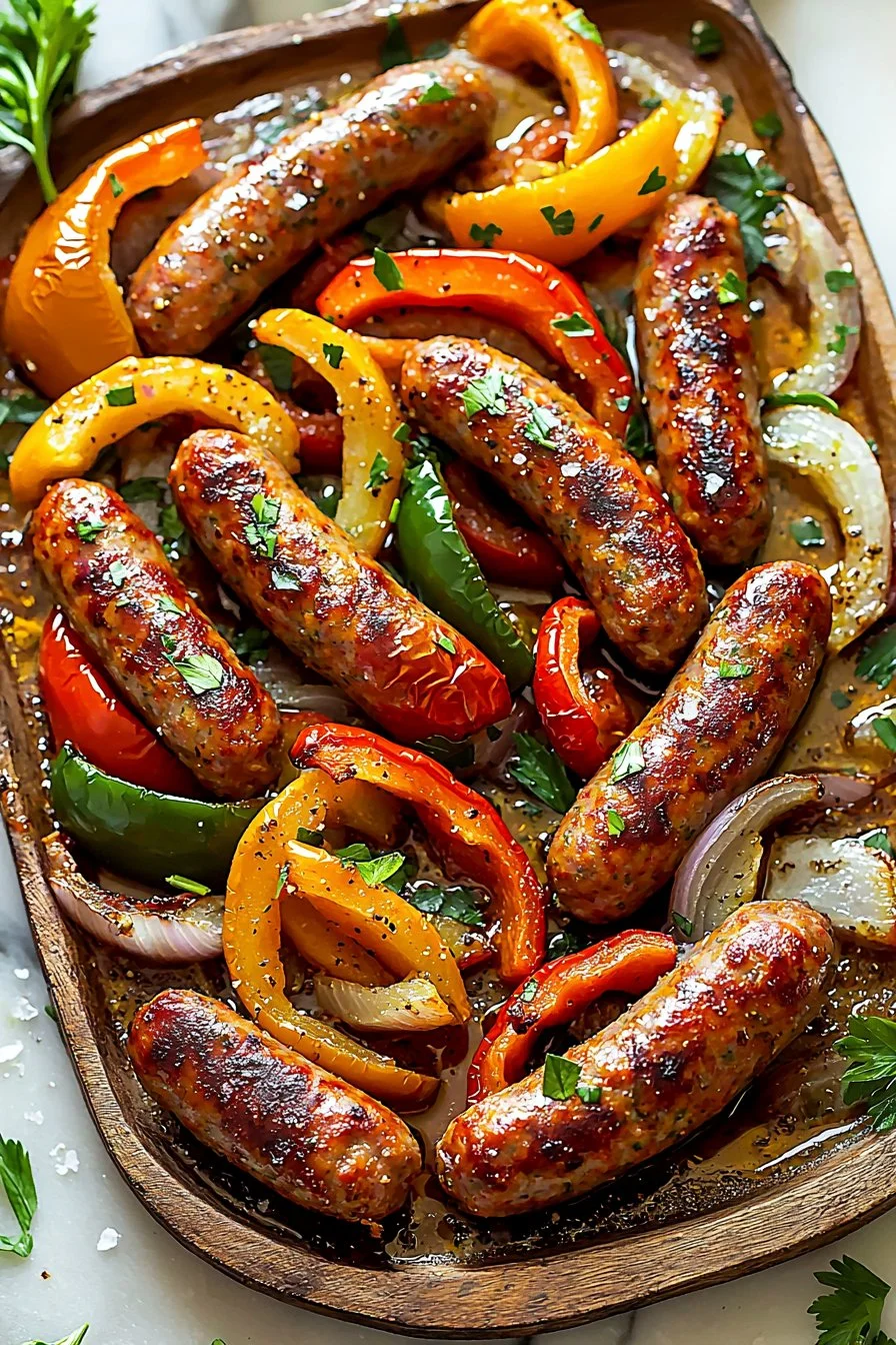 Sheet pan meal featuring sausage, peppers, and onions roasted to perfection