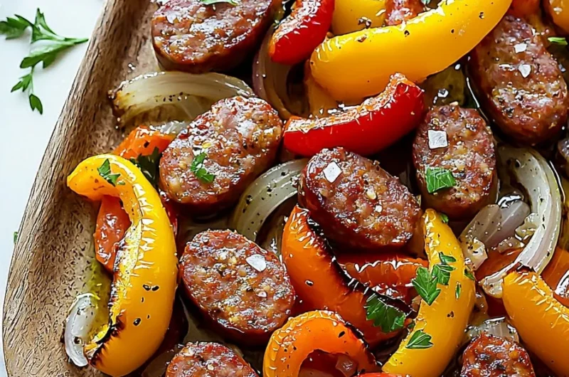 Sheet pan sausage peppers and onions ready to serve