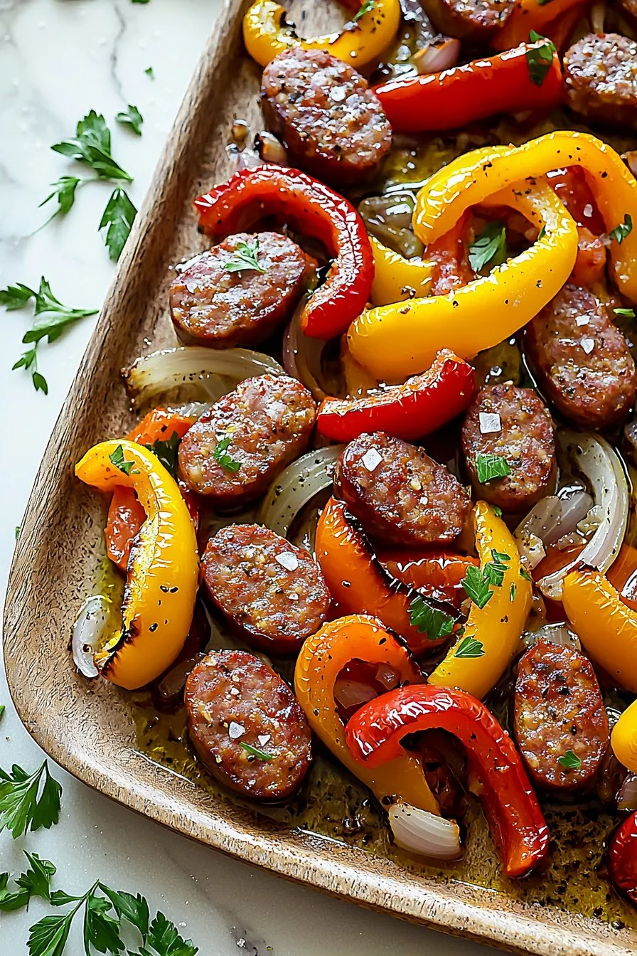 Sheet pan sausage peppers and onions ready to serve