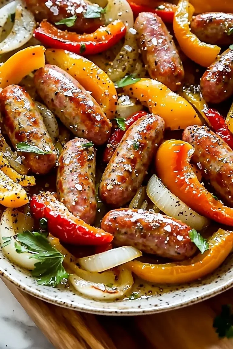 Delicious sheet pan sausage peppers and onions dish ready to serve