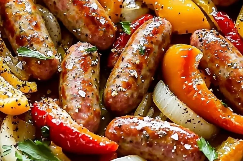 Delicious sheet pan sausage peppers and onions dish ready to serve