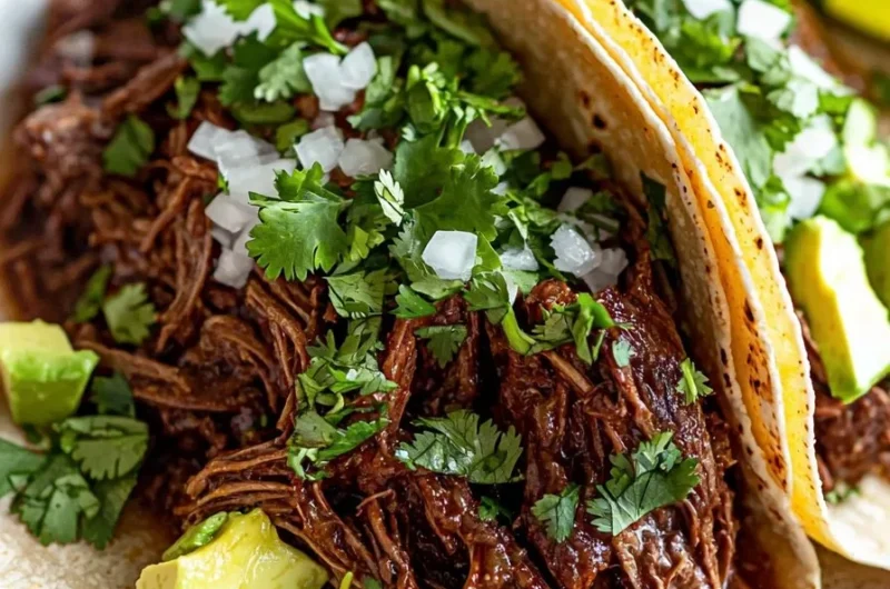 Slow cooker chipotle pot roast tacos topped with fresh ingredients