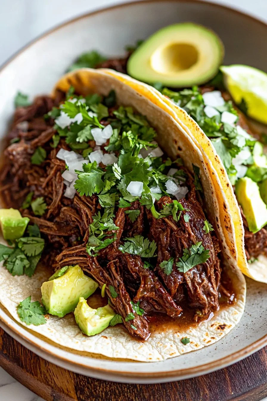 Slow cooker chipotle pot roast tacos topped with fresh ingredients