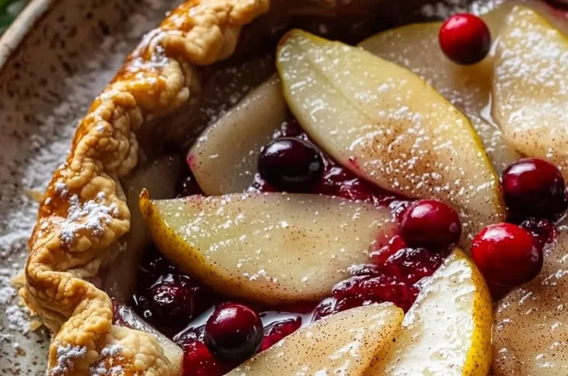 Spiced pear and cranberry galette on a rustic wooden table