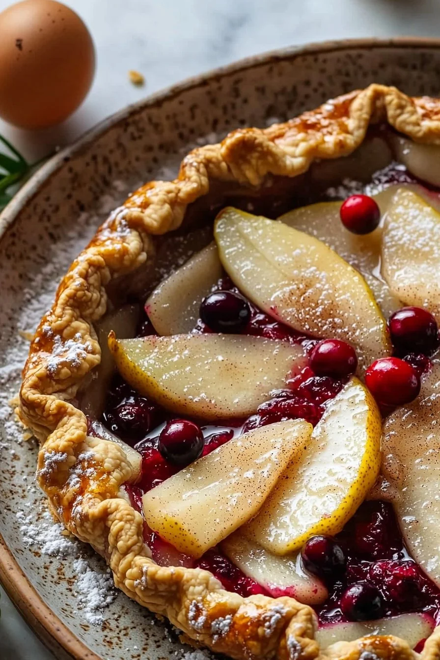 Spiced pear and cranberry galette on a rustic wooden table