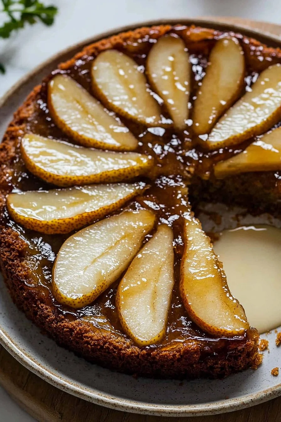 Spiced pear upside down cake garnished with fresh pears and spices