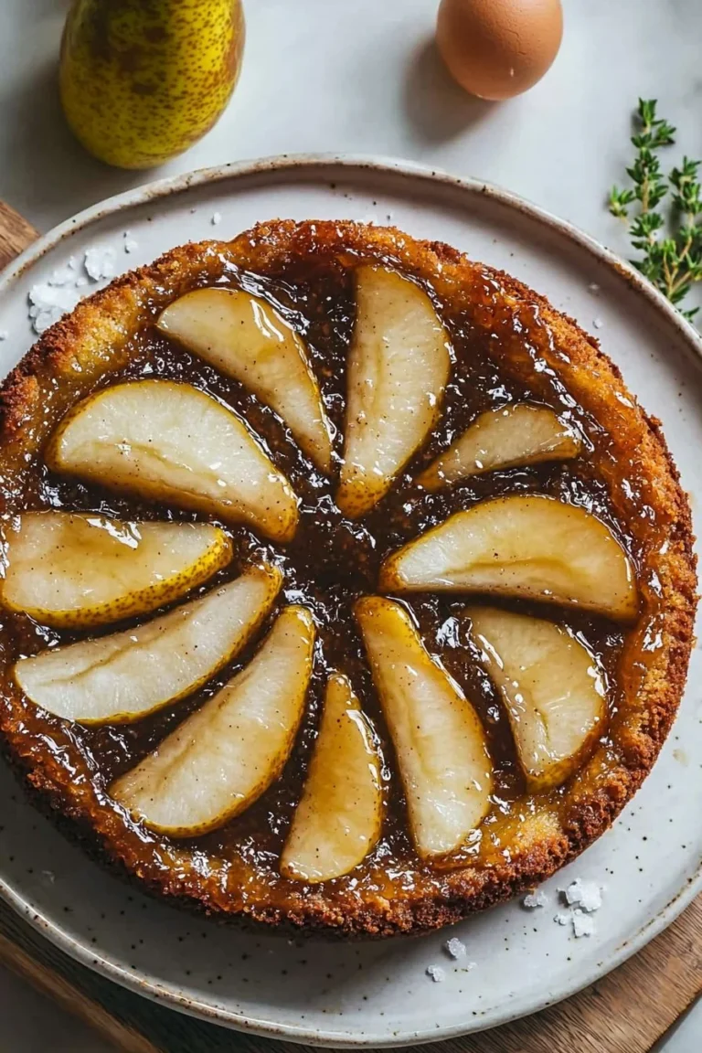 Delicious spiced pear upside down cake on a serving plate