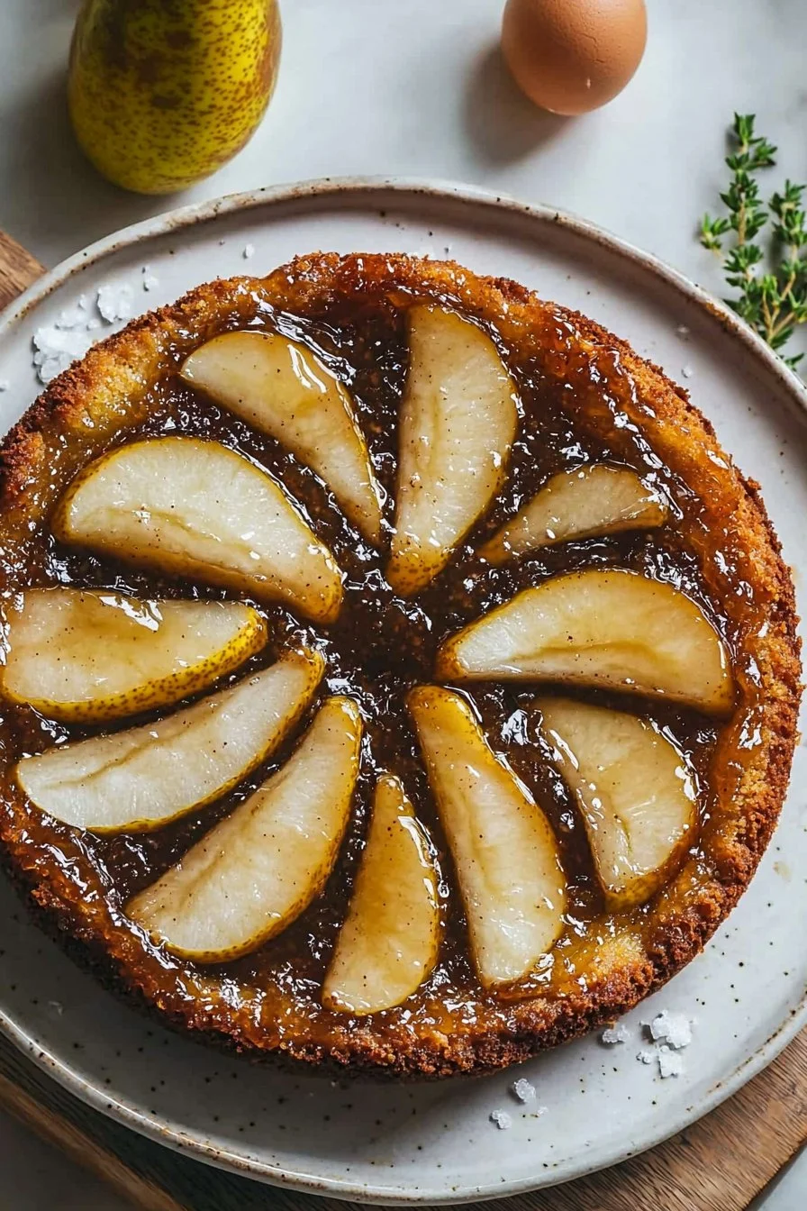 Delicious spiced pear upside down cake on a serving plate