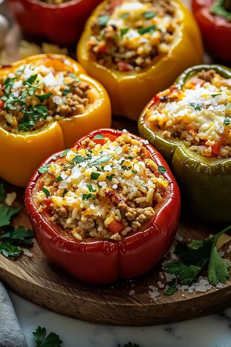 Stuffed bell peppers with ground turkey and rice served on a plate