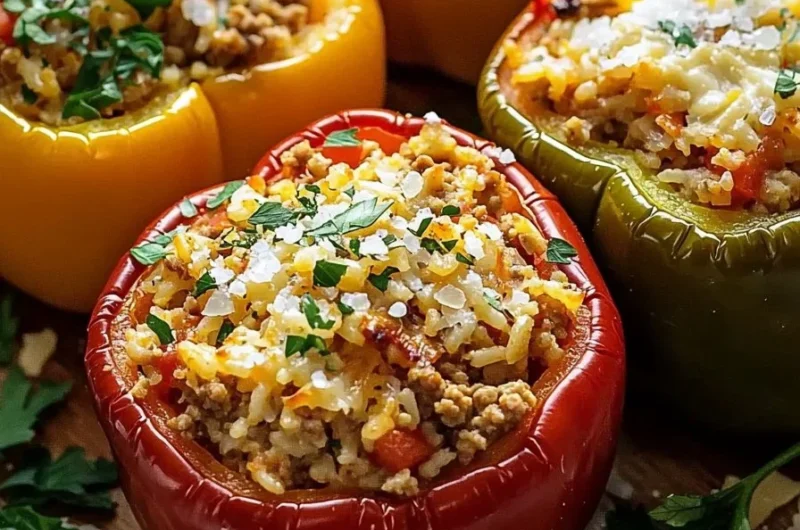 Stuffed bell peppers with ground turkey and rice served on a plate