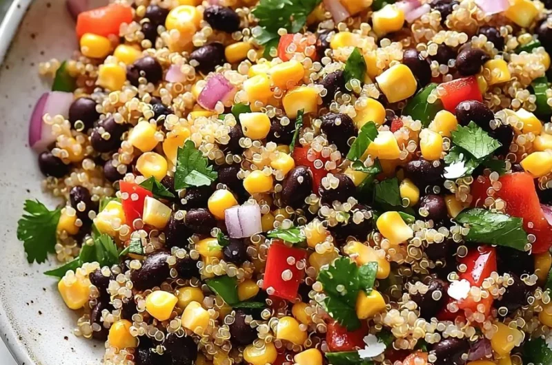 Colorful sweet corn and black bean quinoa salad in a bowl