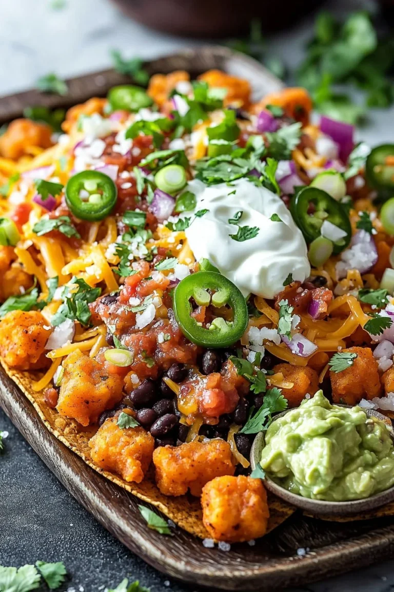 Delicious Sweet Potato Tater Tot Nachos topped with cheese and toppings