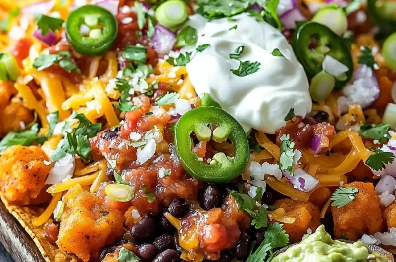 Delicious Sweet Potato Tater Tot Nachos topped with cheese and toppings