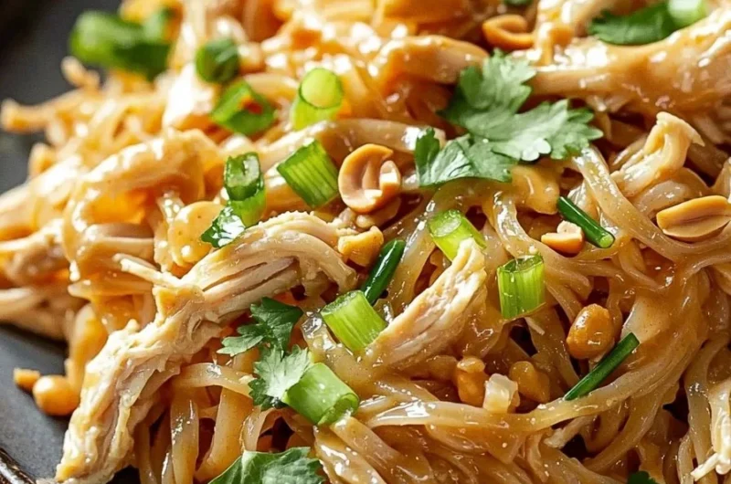Bowl of Thai peanut noodles topped with rotisserie chicken and fresh vegetables