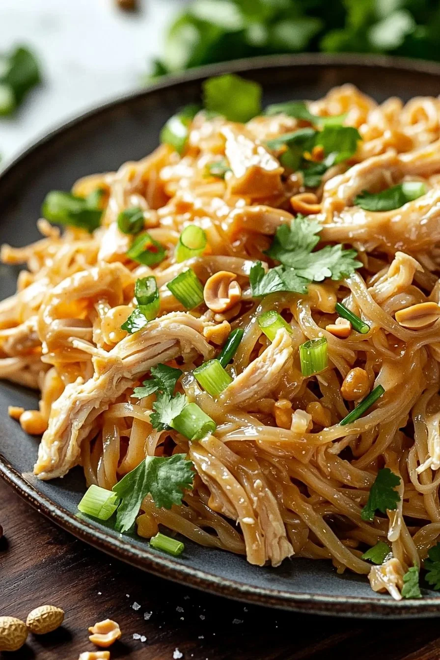 Bowl of Thai peanut noodles topped with rotisserie chicken and fresh vegetables