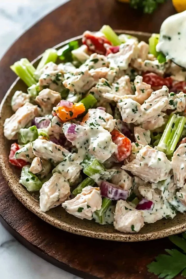 Delicious high protein chicken salad in a bowl with fresh vegetables.