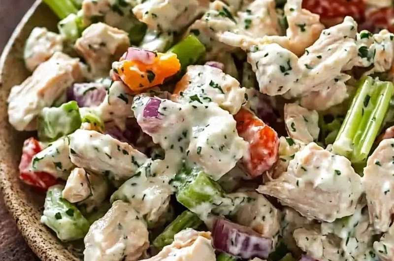 Delicious high protein chicken salad in a bowl with fresh vegetables.
