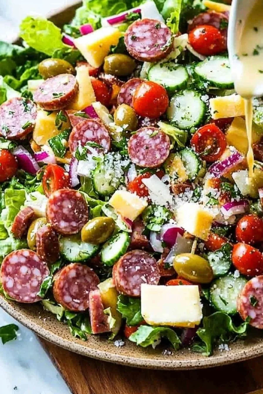 Delicious Italian Grinder Salad featuring meats, cheese, and fresh veggies