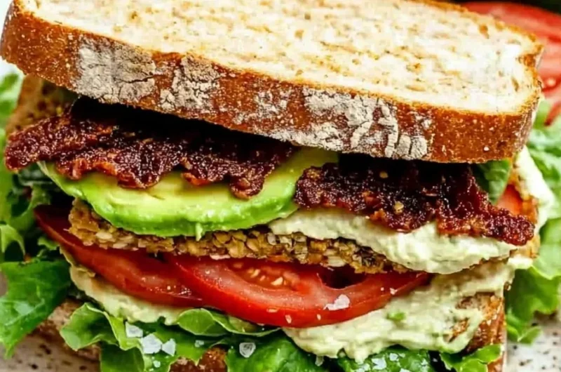 Delicious Vegan BLT sandwich with plant-based bacon, lettuce, and tomato.