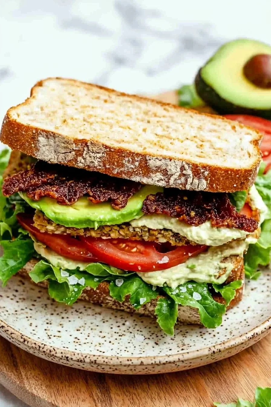 Delicious Vegan BLT sandwich with plant-based bacon, lettuce, and tomato.