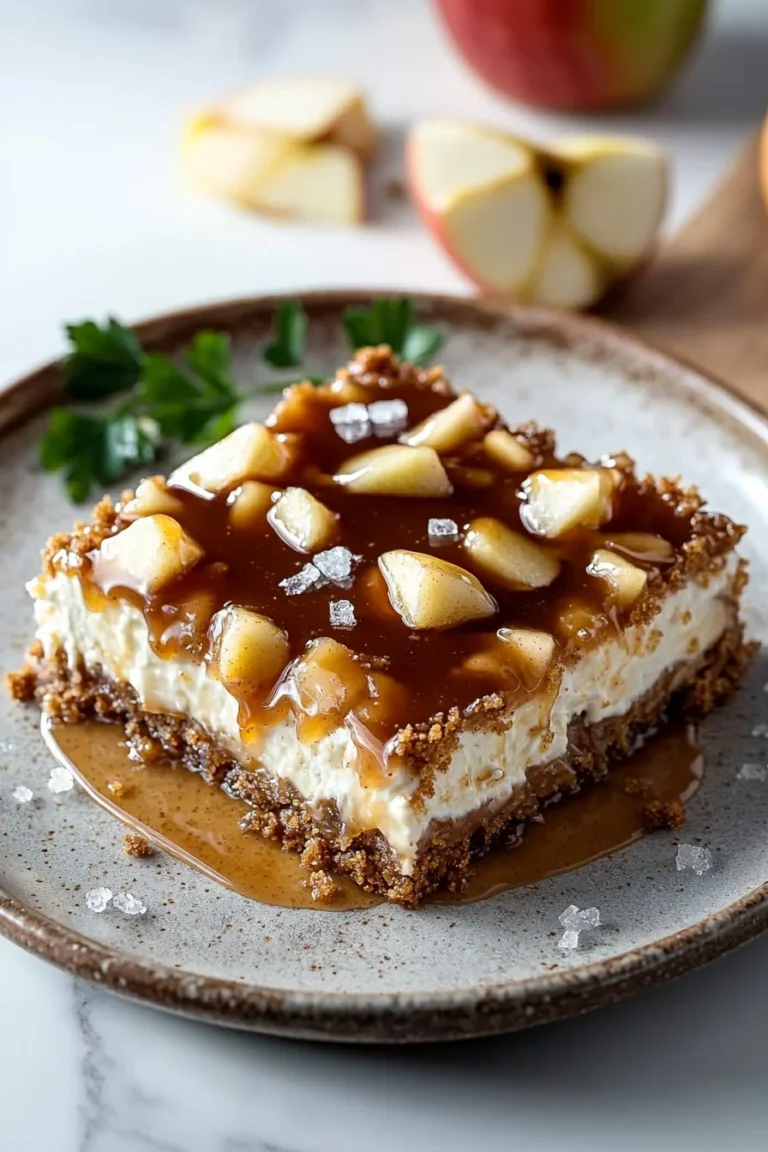 Cozy caramel apple cheesecake bars garnished with caramel drizzle and apple slices