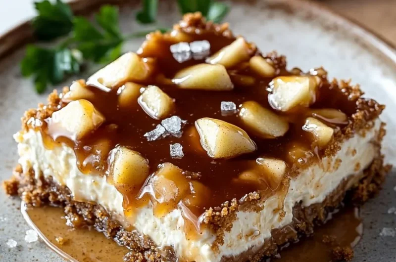 Cozy caramel apple cheesecake bars garnished with caramel drizzle and apple slices