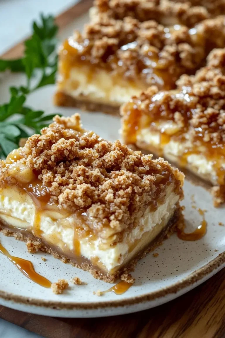 Creamy caramel apple cheesecake bars with streusel topping on a plate