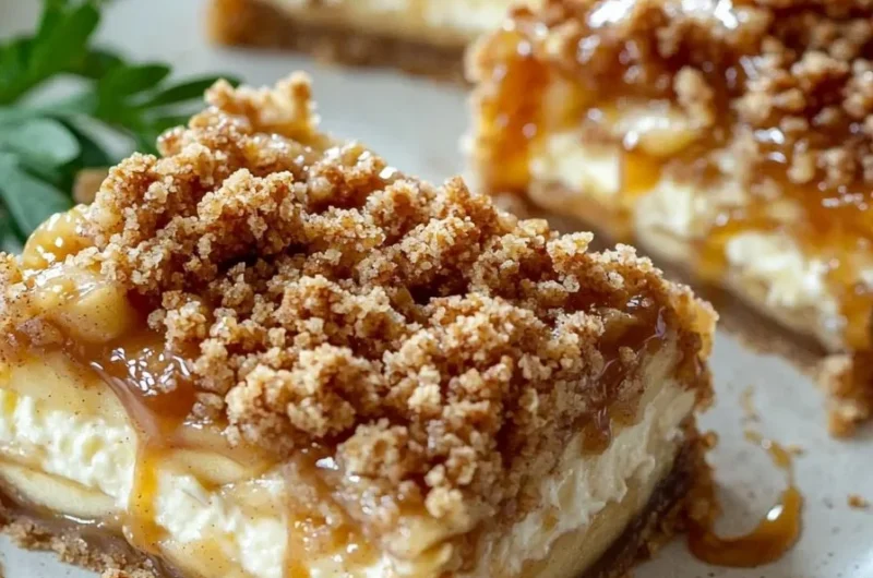 Creamy caramel apple cheesecake bars with streusel topping on a plate