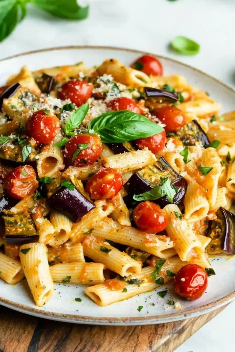 Delicious tomato eggplant vegan pasta in a bowl garnished with fresh herbs.