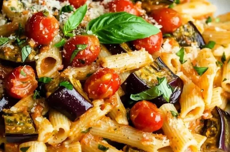 Delicious tomato eggplant vegan pasta in a bowl garnished with fresh herbs.