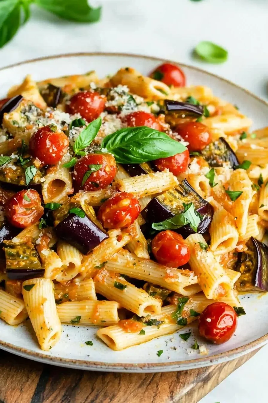 Delicious tomato eggplant vegan pasta in a bowl garnished with fresh herbs.