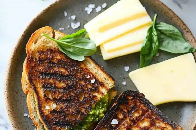Easiest vegan pesto avocado grilled cheese sandwich on a plate