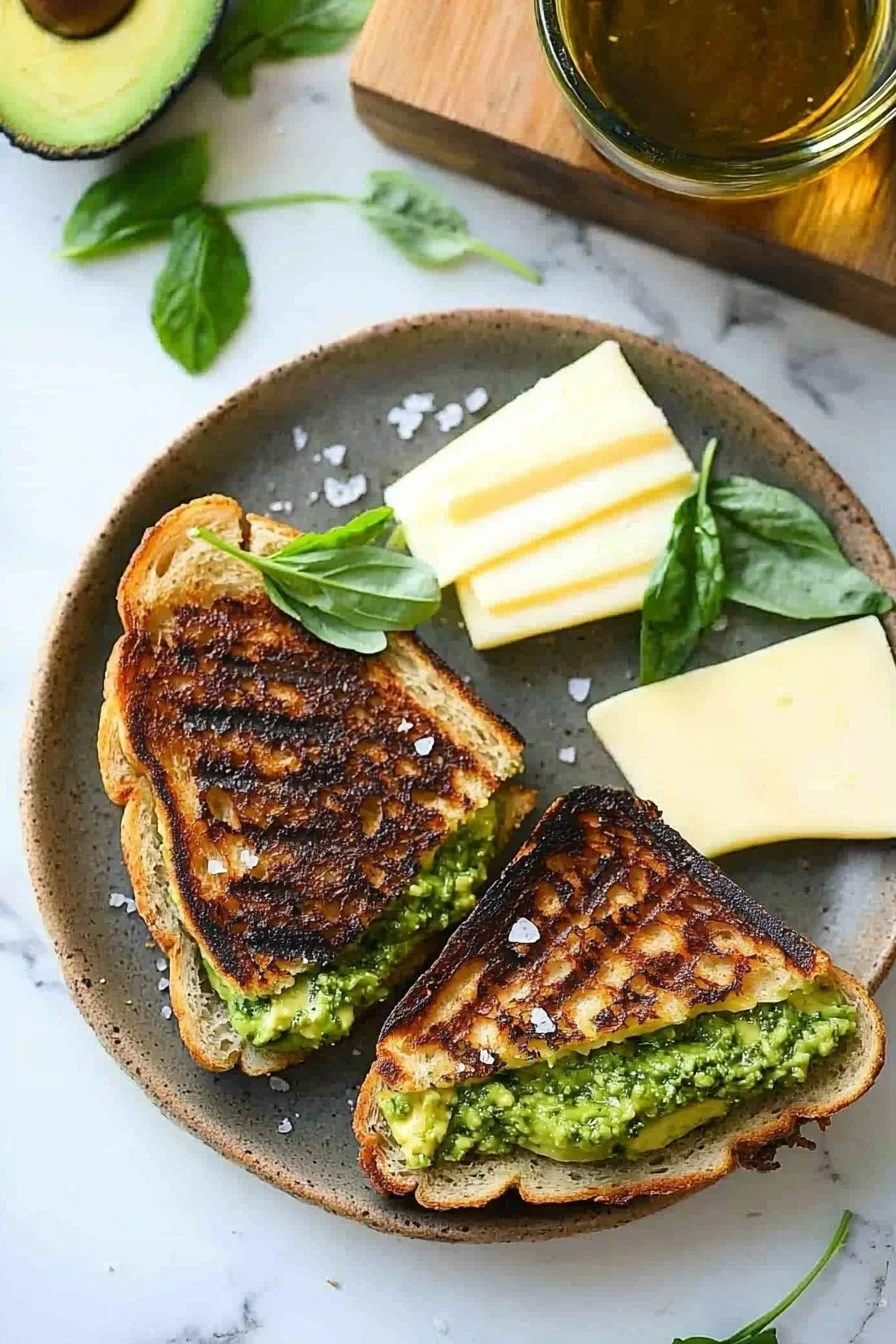 Easiest vegan pesto avocado grilled cheese sandwich on a plate