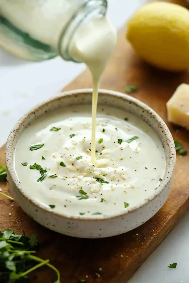 Bowl of Easy Greek Yogurt Caesar Dressing drizzled on fresh greens