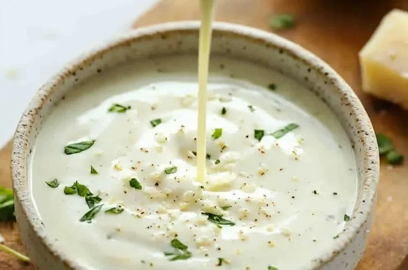 Bowl of Easy Greek Yogurt Caesar Dressing drizzled on fresh greens
