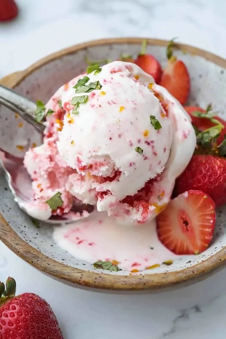 Bowl of easy Greek yogurt strawberry ice cream topped with fresh strawberries