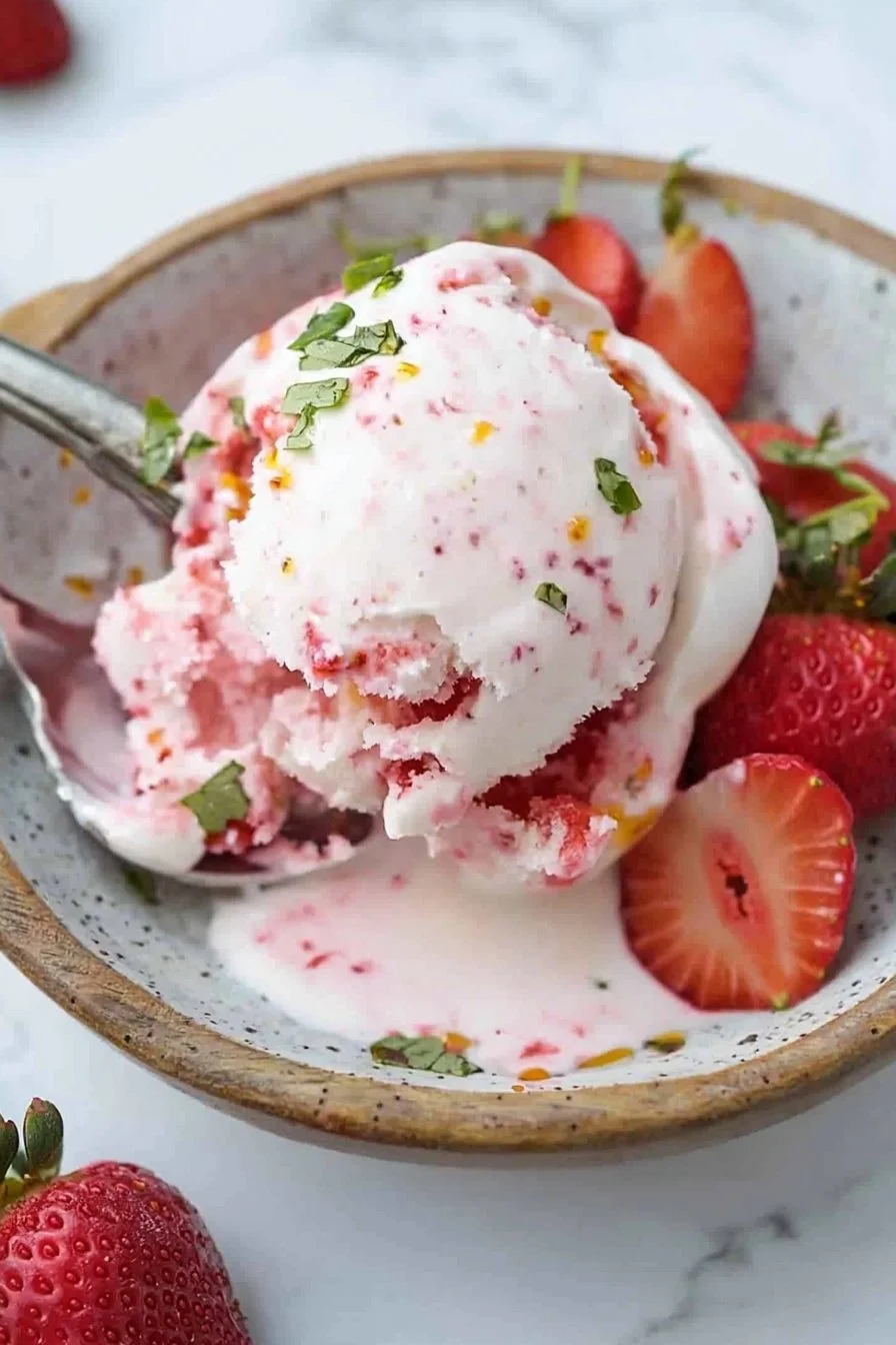 Bowl of easy Greek yogurt strawberry ice cream topped with fresh strawberries