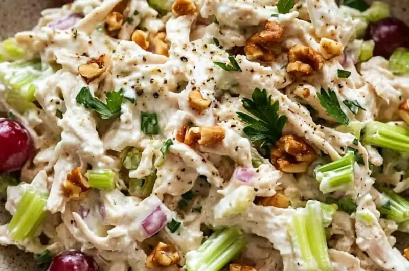 Creamy high protein chicken salad served in a bowl with fresh vegetables