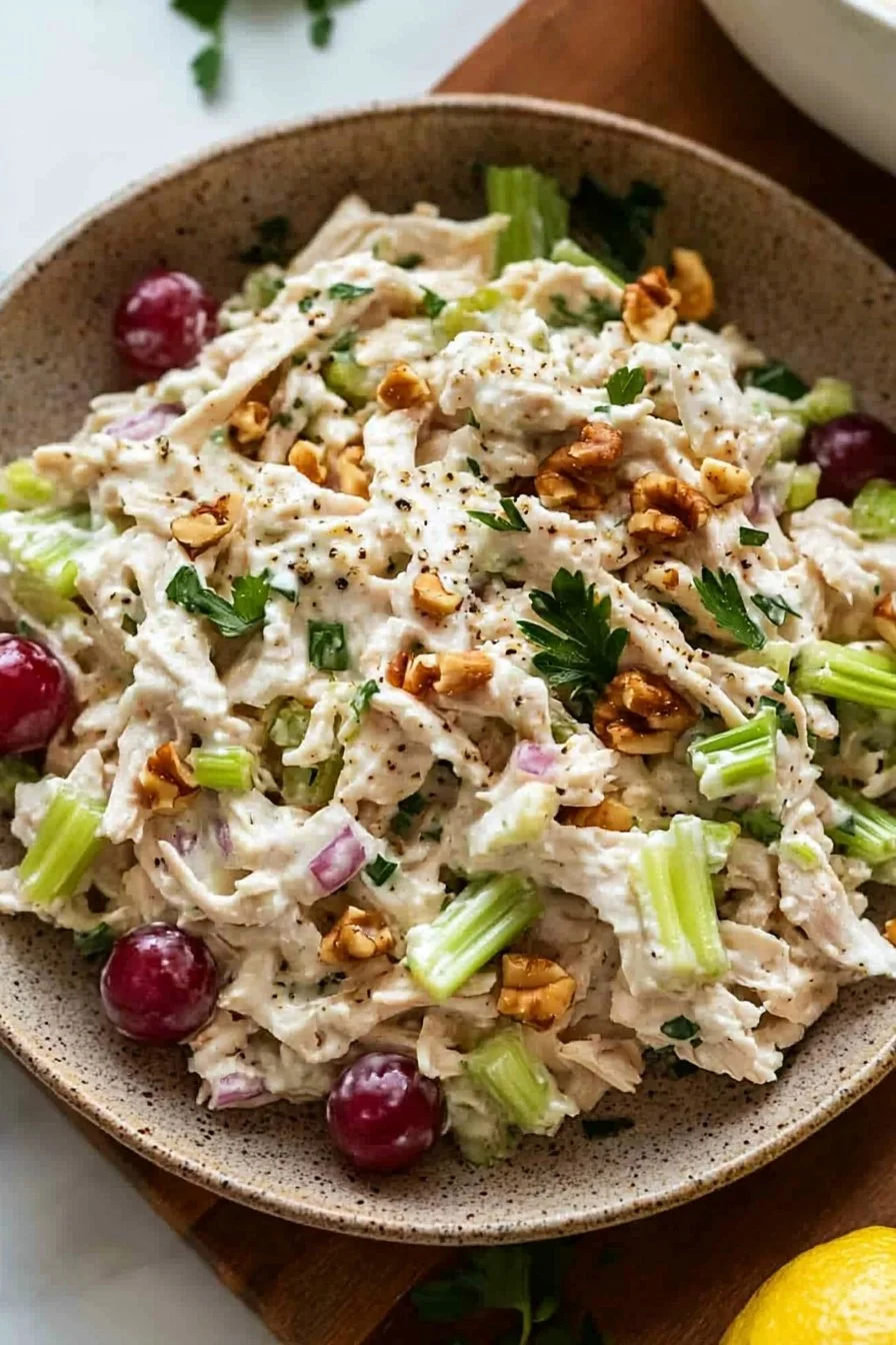 Creamy high protein chicken salad served in a bowl with fresh vegetables