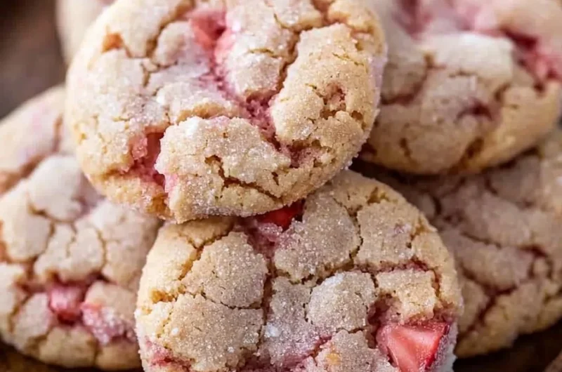 Plate of easy strawberry sugar cookies with fresh strawberries