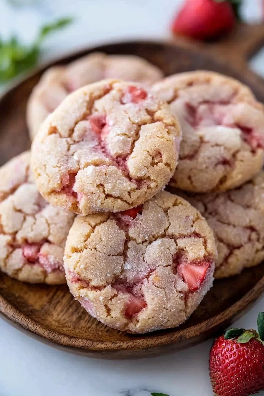 Plate of easy strawberry sugar cookies with fresh strawberries