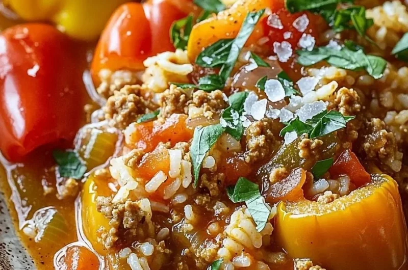 Bowl of easy stuffed bell pepper soup with ground turkey and fresh herbs