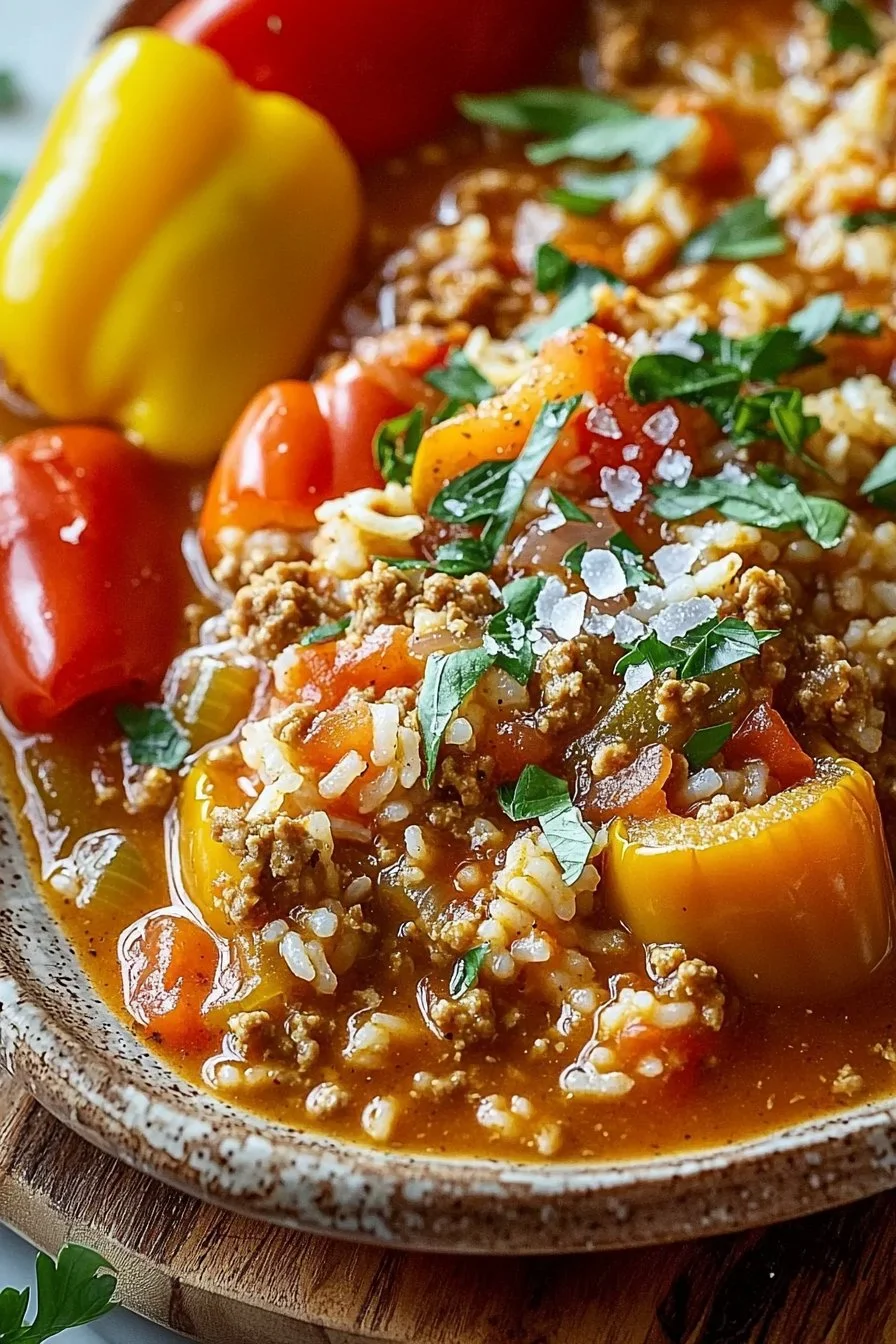 Bowl of easy stuffed bell pepper soup with ground turkey and fresh herbs