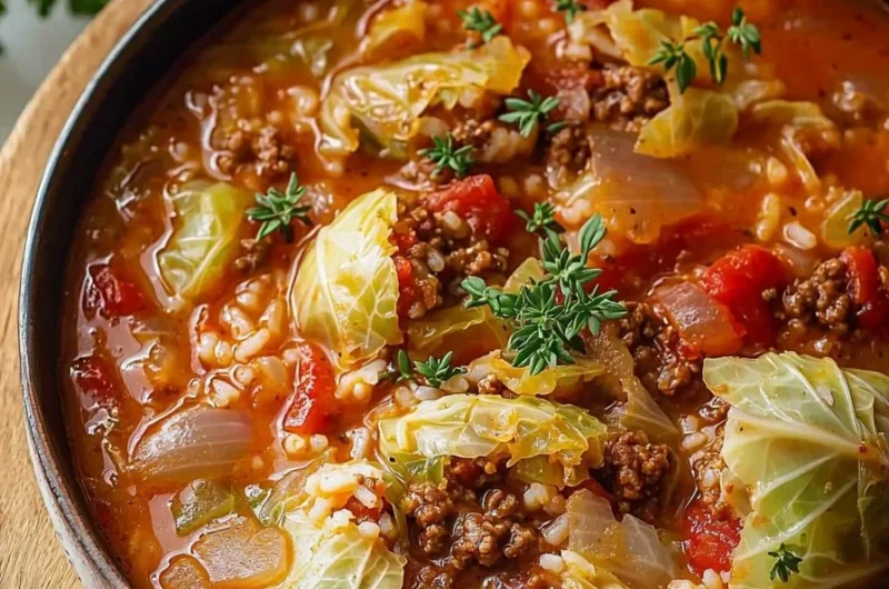 Delicious bowl of easy stuffed cabbage soup with ingredients